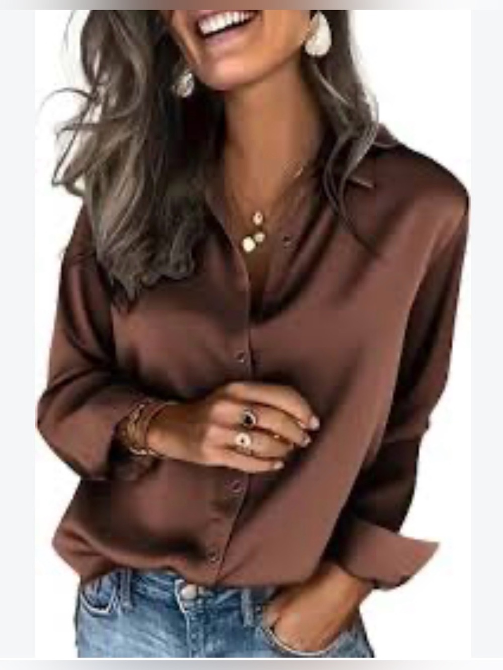 Lyaner Chocolate Brown Satin Button Down Blouse Dressy Professional Top Large